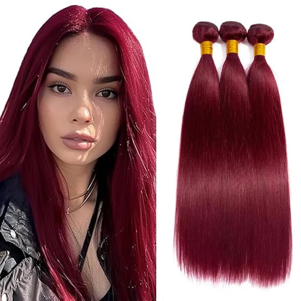99J Human Hair Bundles Burgundy Straight 3 Bundles 24 26 28 Inch 150g Double Weft Brazilian Unprocessed Virgin Human Hair Extensions for Women