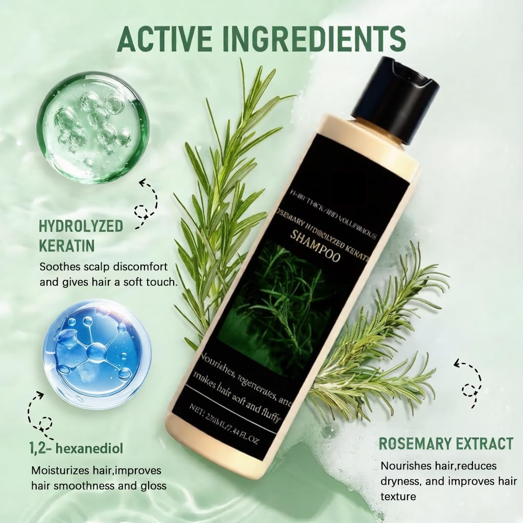 Organic Rosemary Hair Growth Shampoo for Thinning Hair & Hair Loss, Sulfate Free Volumizing with Hydrolyzed Keratin, Repairs Dry Damaged Strands & Scalp for Men & Women 7.4 fl oz