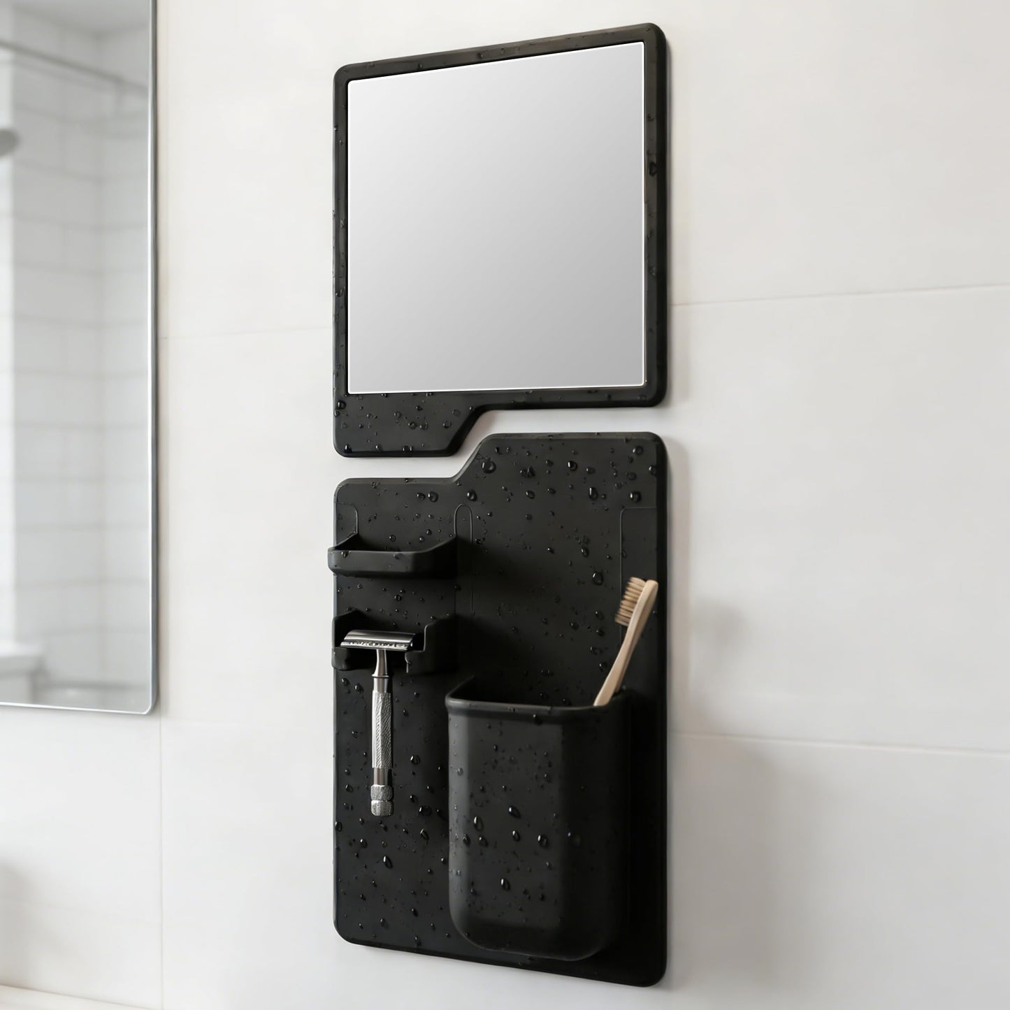 Kottova Shower Mirror Set - Silicone Shower Organizer&Shatterproof Shower Mirror for Shaving - Powerful Silicone Adhesion, Removable and Reusable, Black