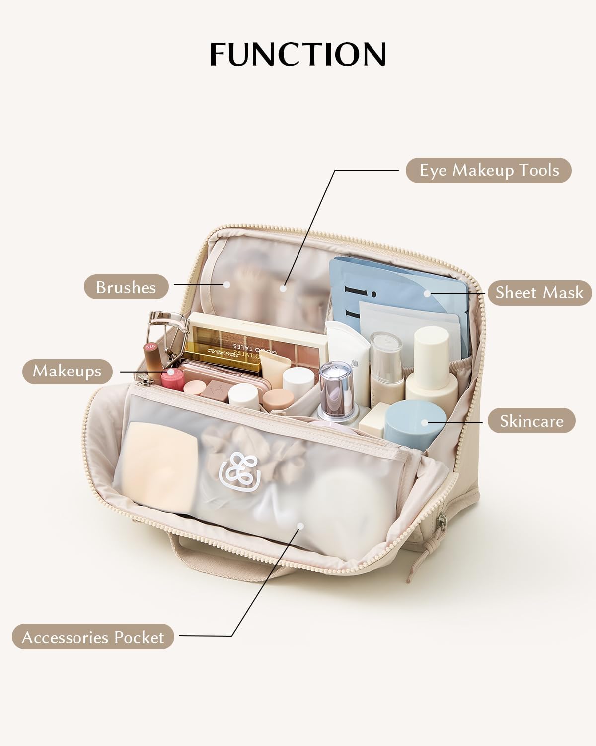 Large Waterproof Makeup Bag - EACHY Cosmetic Organizer with Phone Holder & Detachable Dividers | Wipe-Clean Brush Pouch for Women