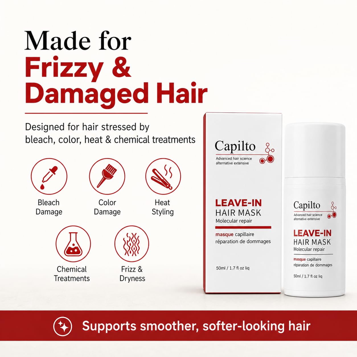 Capilto Leave-In Molecular Hair Repair Mask Keratin – Deep Conditioning Repair for Frizzy & Damaged Hair, Fixes Bleach, Color & Heat Damage in 4 Minutes, Vegan & Paraben Free 50ml