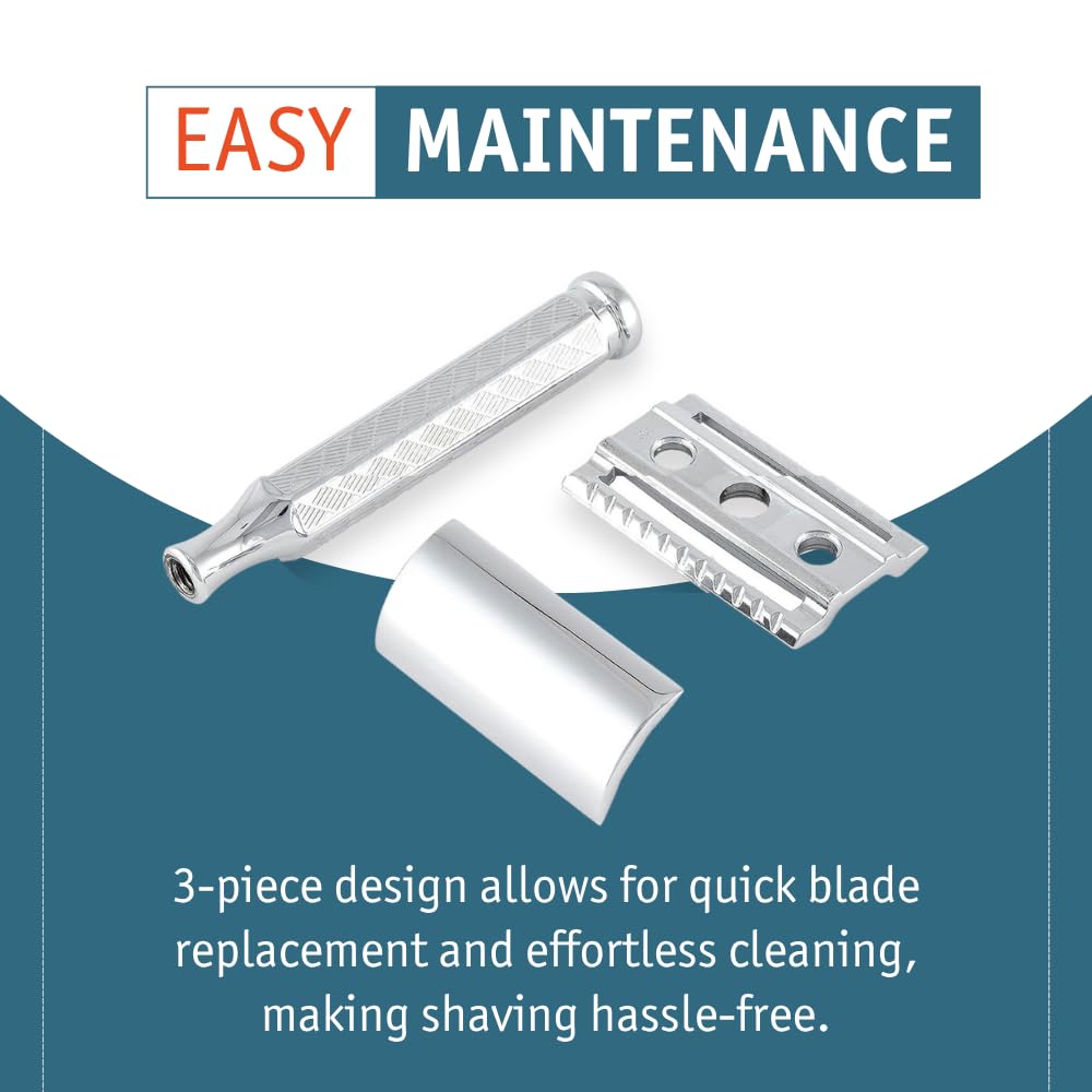 MERKUR 42C Double Edge Safety Razor, Hexagonal Handle, Three-Piece Design, Closed Comb Straight Bar, Bright Chrome Finish, Made in Germany