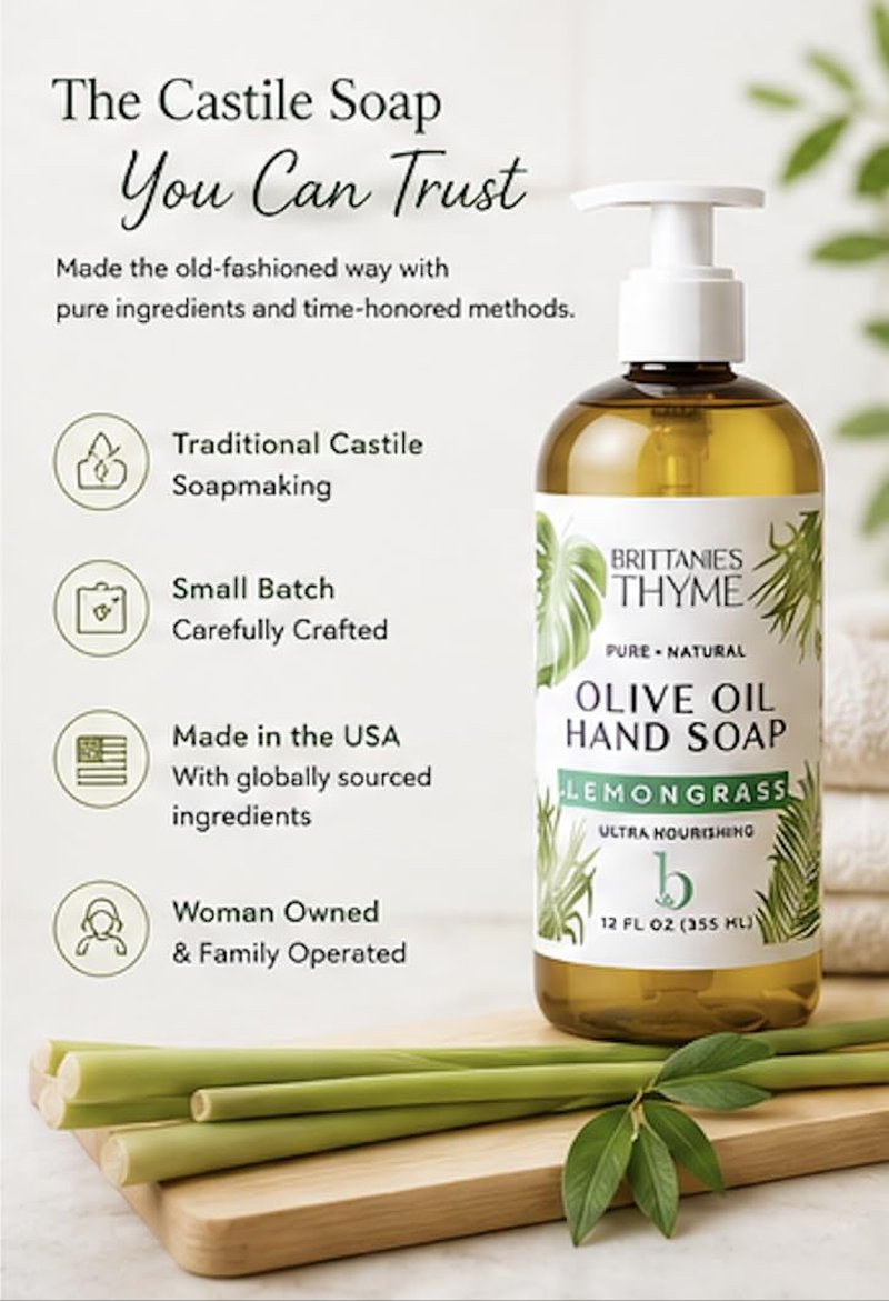 Brittanie's Pure Castile Liquid Hand Soap Refill - Bergamot, Lavender & Lemongrass | 12 Ounce Pack of 3 | Gentle Vegan Formula