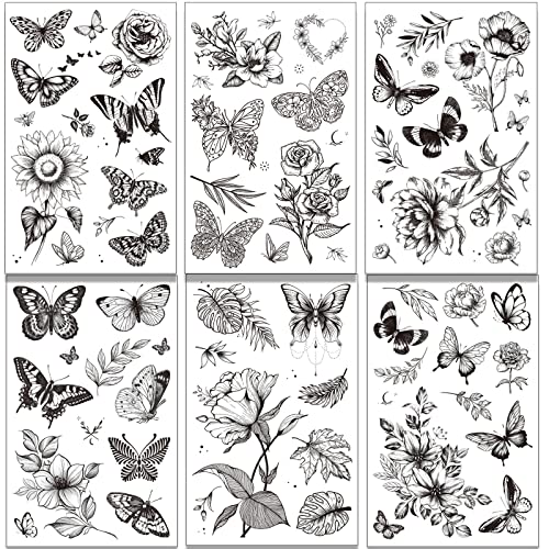 Tazimi Black Flower Butterfly Temporary Tattoos - 6 Sheets for Women & Girls