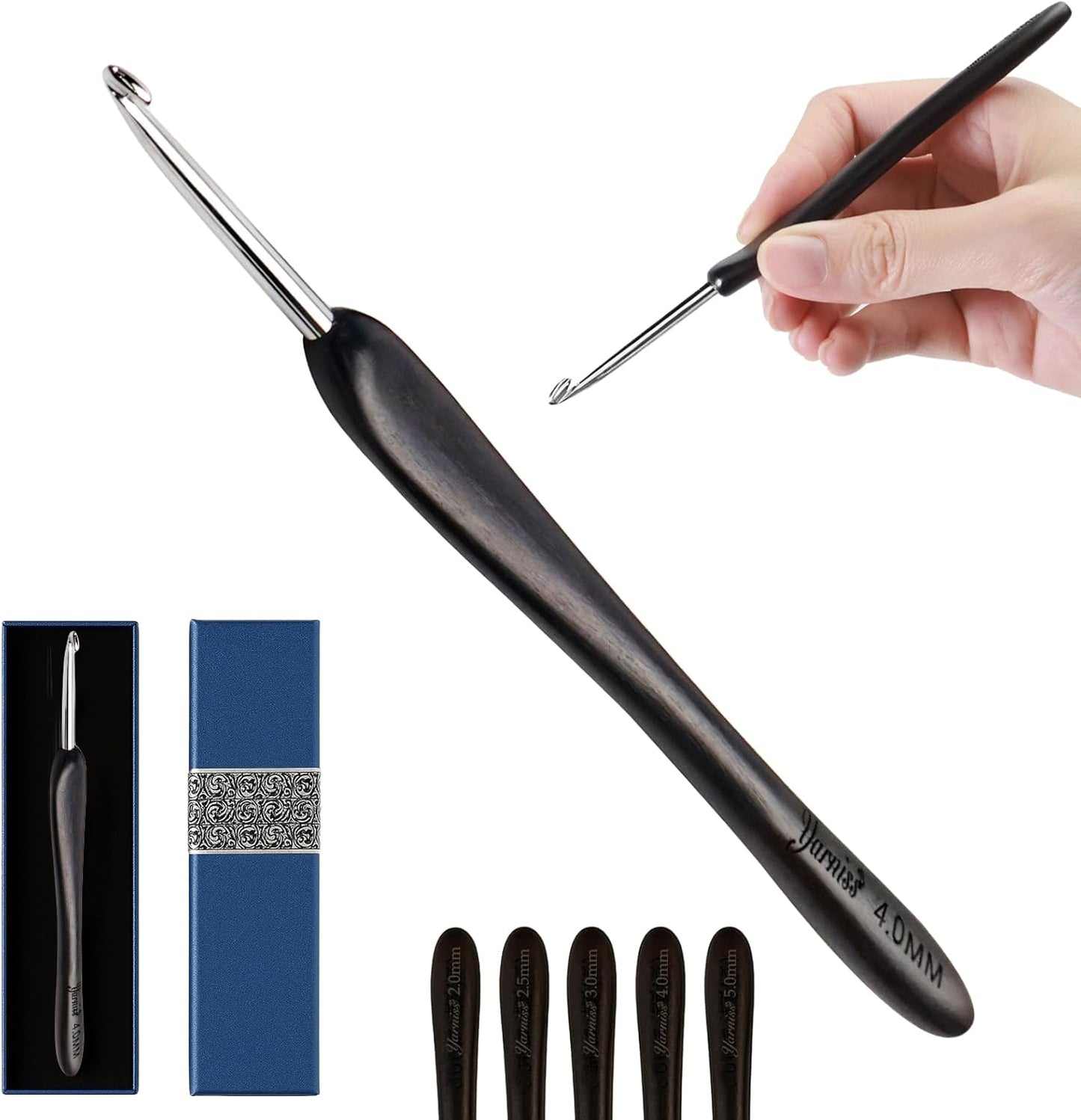 Artisan Stainless Steel Crochet Hooks Set - 2.0-4.0mm Handmade Needles with Ebony Handle for Beginners | Perfect Gift for Crocheters