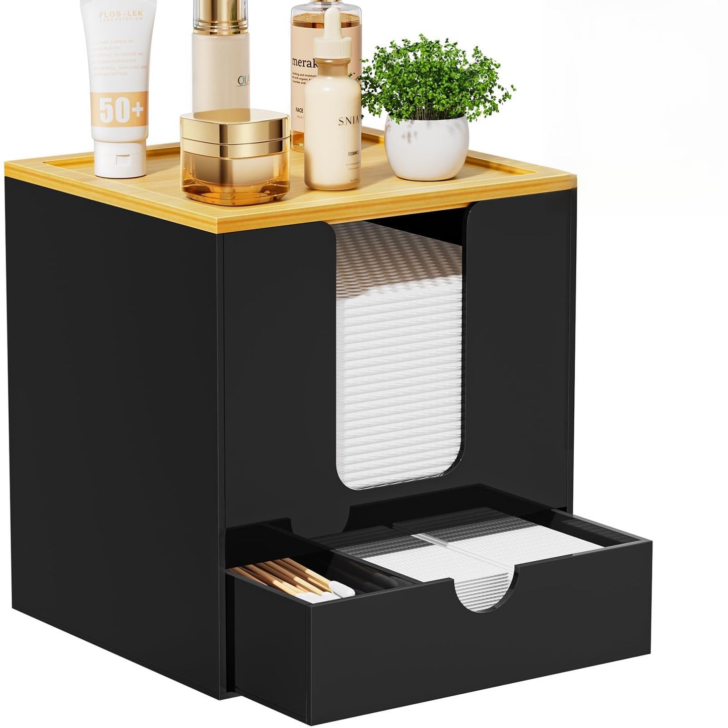 VITVITI Disposable Face Towel Holder for Clean Skin Club, Acrylic Bamboo Facial Towel Holder Box with Drawer, XL Face Towels Container for Bathroom Vanity Makeup, Black