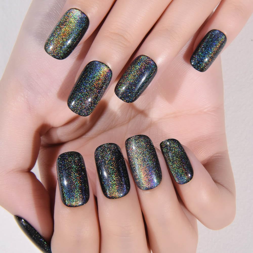 Black Chrome Metallic Cat Eye Press-On Nails - Medium Square | Iridescent Glitter Halloween Design