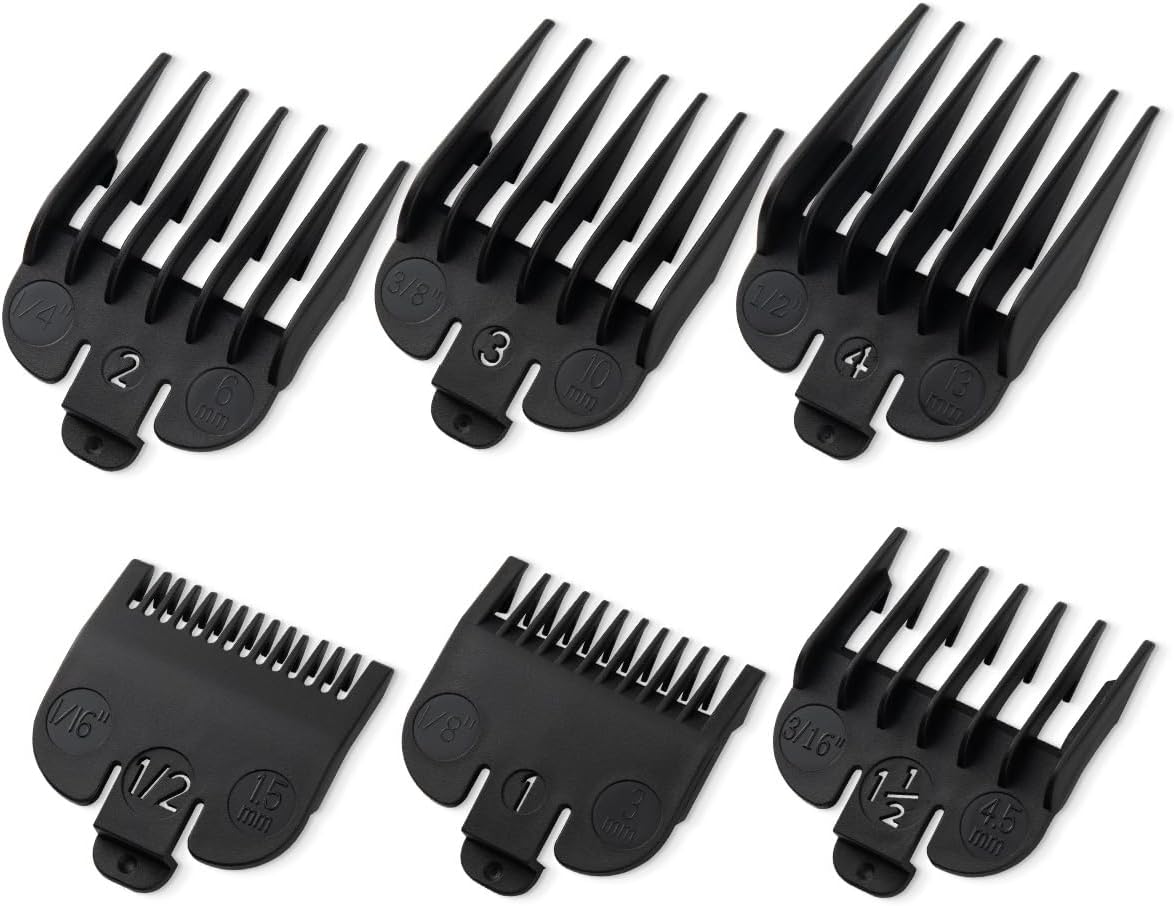 Clipper Guards Set - Compatible with Wahl Clippers | 6-Piece Replacement Set, 1/16" to 1/2", Black