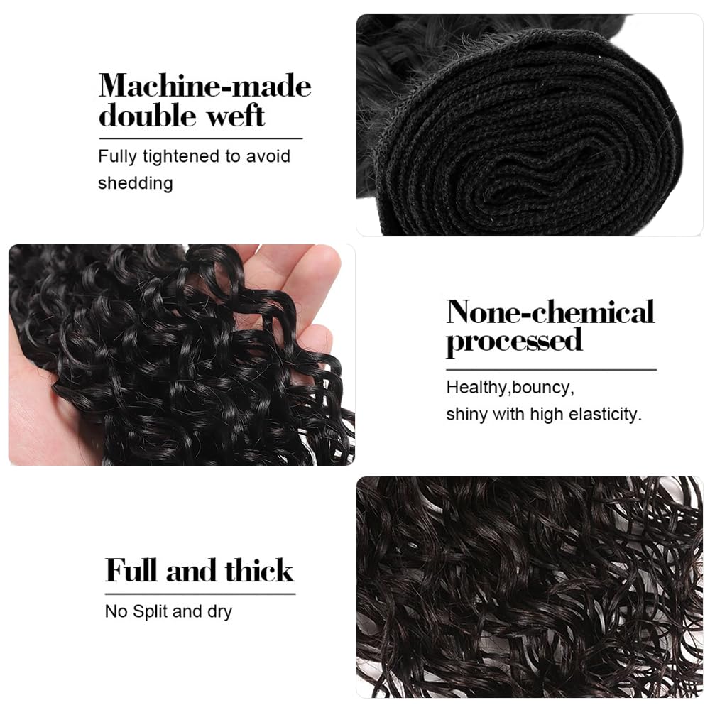 GveoXvo Water Wave Human Hair Bundles Water Wave Bundles Human Hair 14 16 18 Inch Unprocessed Virgin Double Weft Black Bundle Hair Extensions