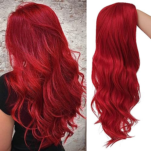 Long Red Curly Wavy Synthetic Wig for Halloween Cosplay and Daily Wear