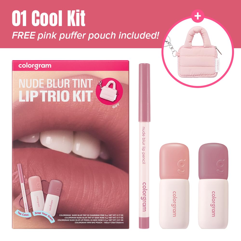 COLORGRAM Nude Blur Tint Lip Trio Kit - Soft Matte Lip Stain | 2-in-1 Lip & Cheek Makeup | Lightweight & Buildable
