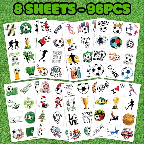 Soccer Temporary Tattoos Set for Kids - 96 Pre-Cut Tattoos