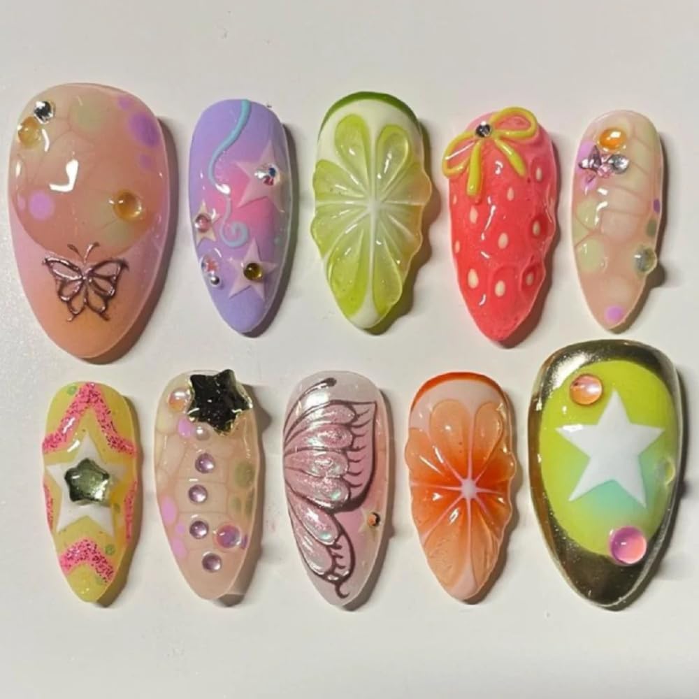 Press On Almond Nails - Handmade 3D Design, Thick Acrylic Gel | Reusable DIY Artificial Nails for Women (10 Pieces)