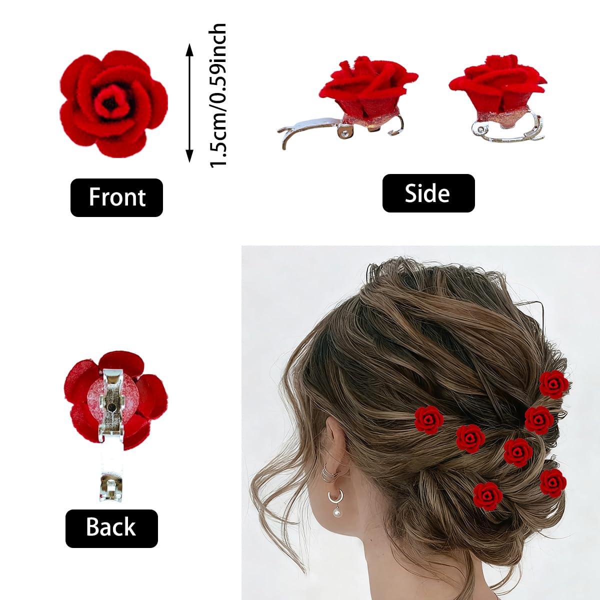 Mini Red Rose Flower Hair Clips - 40 Pcs Cute Floral Hairpins for Weddings, Valentine's Day & Summer