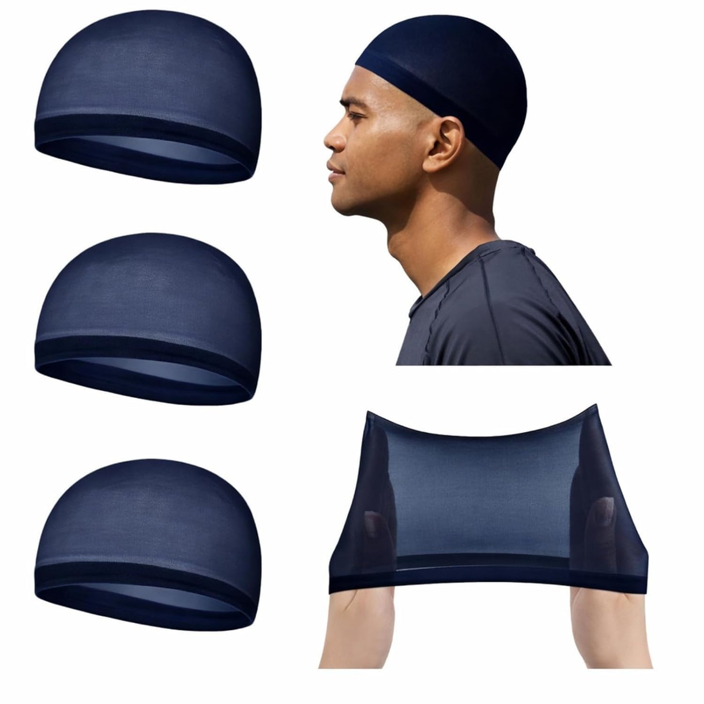 Stretchy Nylon Skull Wave Caps for Men - 10 Pcs Lightweight Beanie Set | Black