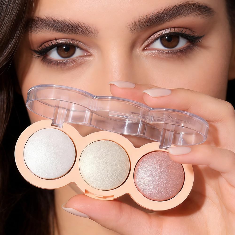 Baked Face Trio Palette, Highlighter Blush Contour &Eyeshadow All in One, Silky Smooth Blendable Powder, Natural Low Saturation Shades, Color Rich Waterproof Long-Lasting Makeup Palette for Daily-B03