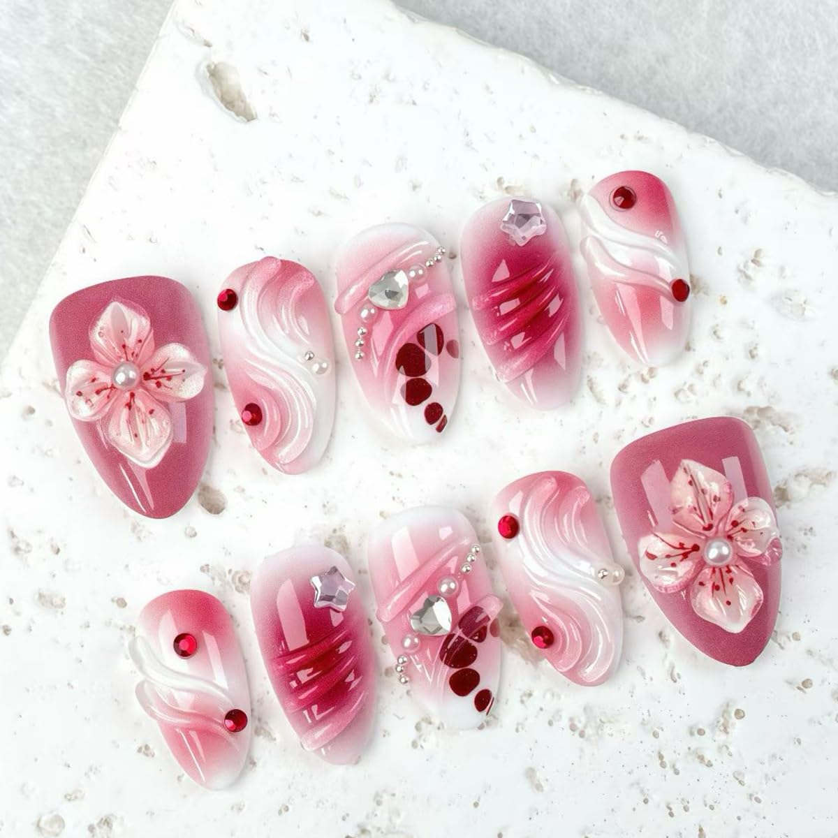 30Pcs Spring Flower Press on Nails Medium Almond Fake Nails Red Gradient Full Cover Glue on Nails Cute Floral False Nails with Pearl Gem Heart Rhinestones Design 3D Flowers Stick on Nail for Women