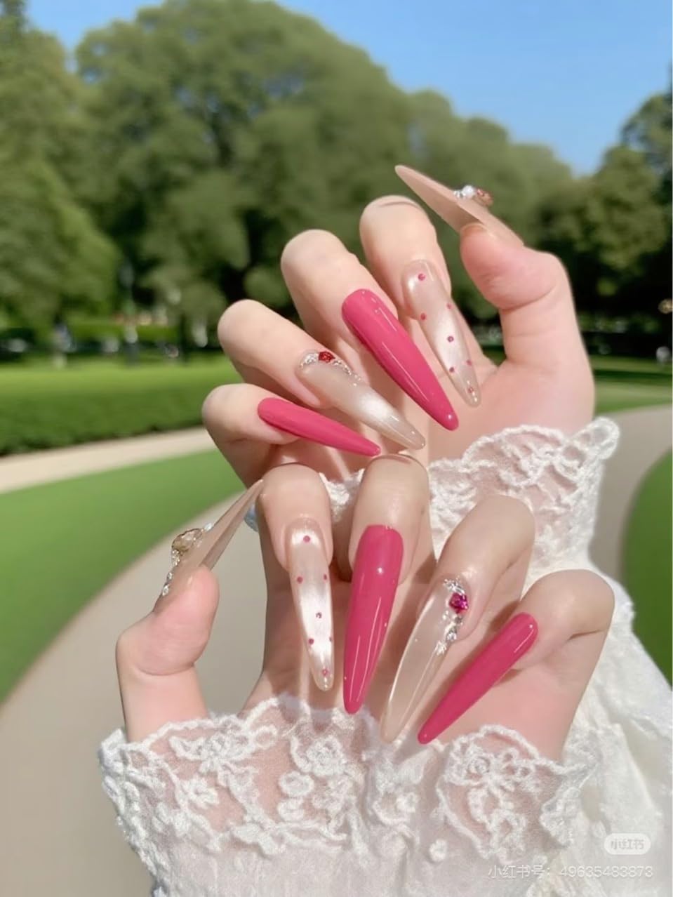 Glam Silver Coral Press On Nails - Heart Rhinestone Extra Long Stiletto Fake Nails | Reusable Manicure Set (L)