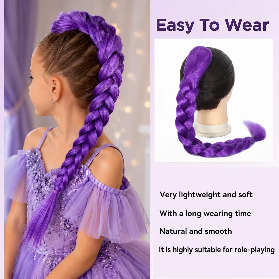 26 inch Purple Braids Ponytail Hair Braids Easy Clip in Ponytail Hairpiece for Cosplay Stage Party Hallowee (purple, 26inch)