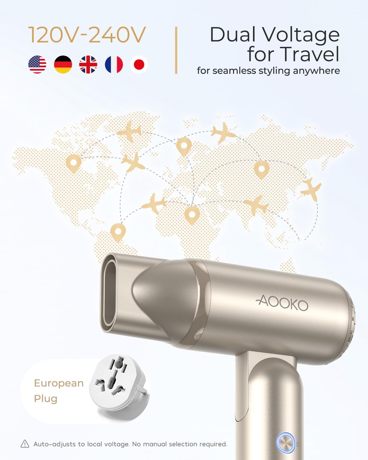 Travel Hair Dryer - Dual Voltage Mini Blow Dryer 110,000 RPM, Lightweight & Low Noise | 100-240V Portable with Concentrator