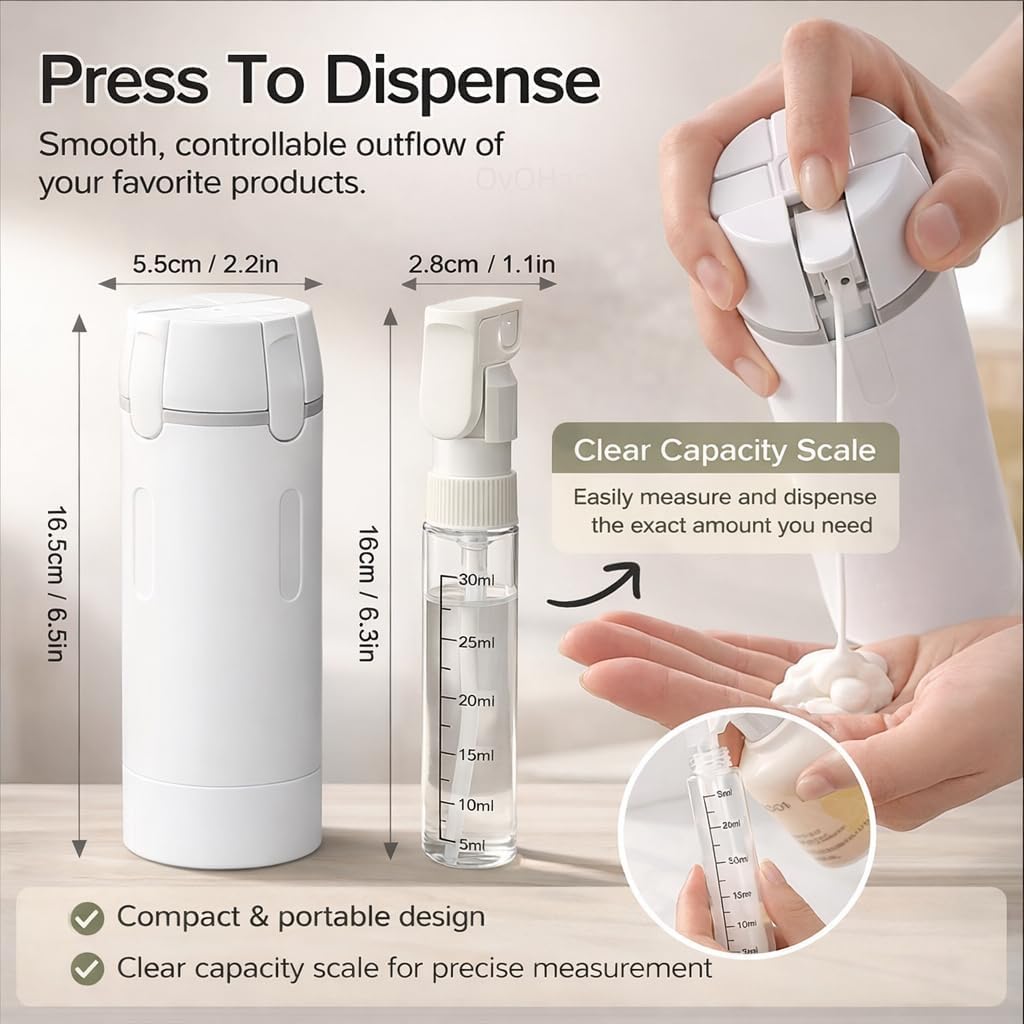 4 in 1 Travel Dispenser, 4 Pack 30ML Travel Bottles for Toiletries, Leak Proof Travel Size Containers, Portable for Shampoo Lotion Conditioner Cream (White)