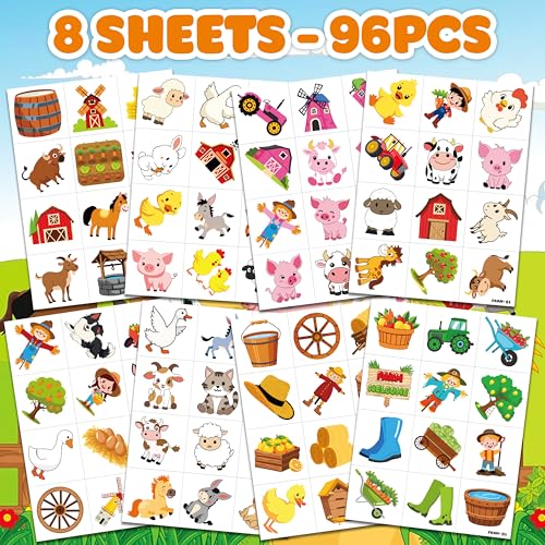Multiple 96 PCS Farm Temporary Tattoos for Kids First Birthday Party Favors