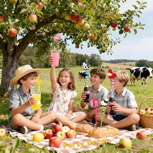24 Reusable Farm Animal Drinking Straws with Fun Designs