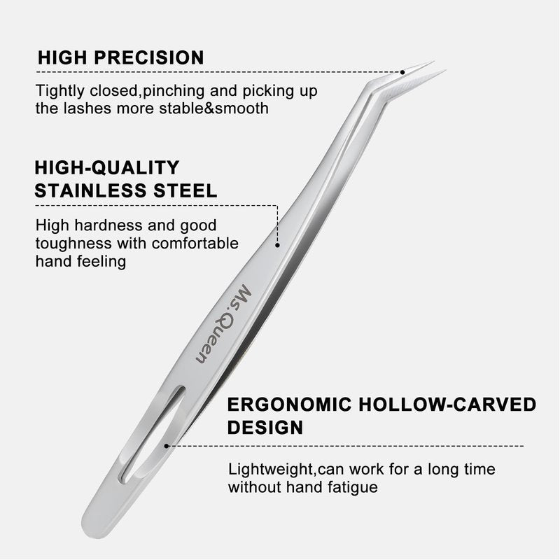 Ms.Queen Lash Tweezers for Lash Extensions,Professional 45 Degree Long Ultra-Firm tip Eyelash Tweezers for Isolation,Volume and Premade Fans Lashing