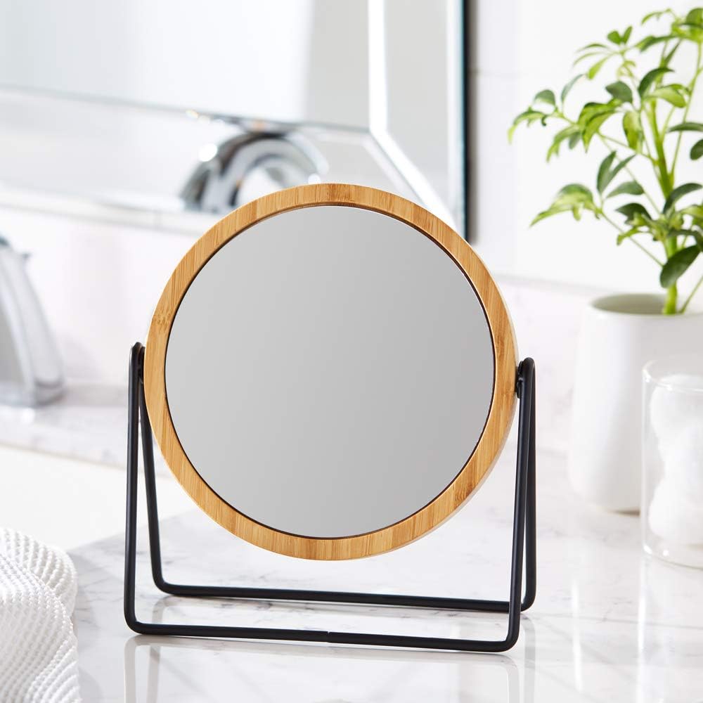 Round Tabletop Vanity Mirror - Double-Sided Magnifying, 360° Rotation | Bamboo Rim, Black, 7.2'' x 2.87''