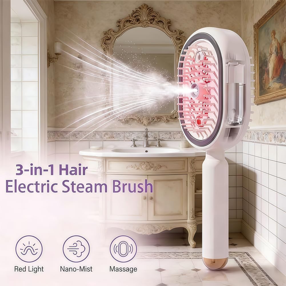 2026 New Electric Steam Brush for Hair, Vibration Misting Brushing Tool, Red Light Air Cushion Mister for Both Long/Short Hairs Reduce Frizz, Nourishes Hairs, Anti-Static (Pink)