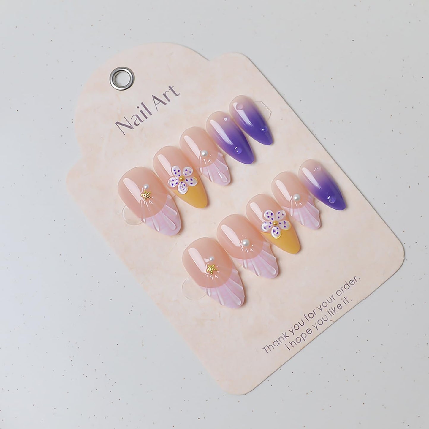 Summer Beach Press-On Nails - 24Pcs Medium Almond Purple French Tip with Starfish & Seashell Design | Floral Acrylic Full Cover