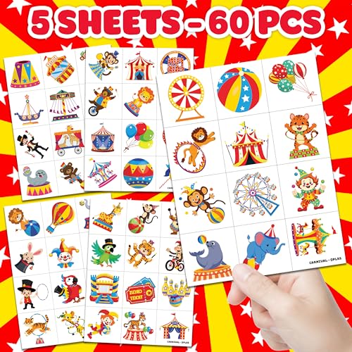 60 PCS Carnival Temporary Tattoos for Kids - Circus Clown & Animal Designs