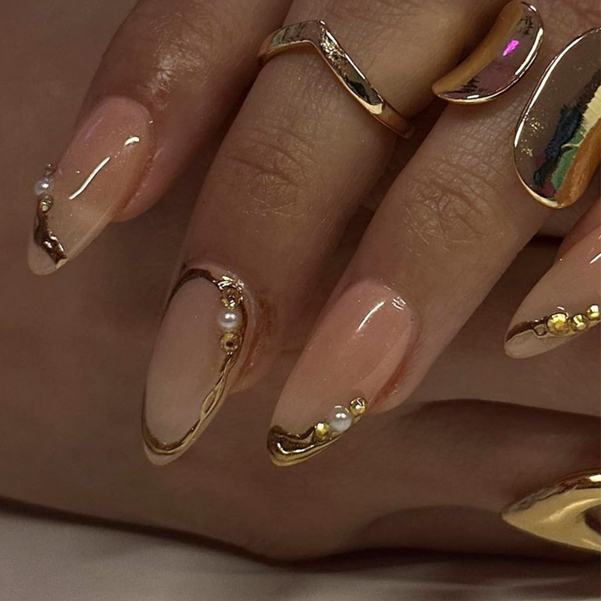 LRKNNO Almond Press On Nails Medium Fake Nails with 3D Pearl Designs Gold French Tip Nails Press Ons Reusable Acrylic False Nails Kit Nude Glossy Full Cover Stick on Nails for Women Manicure 24Pcs