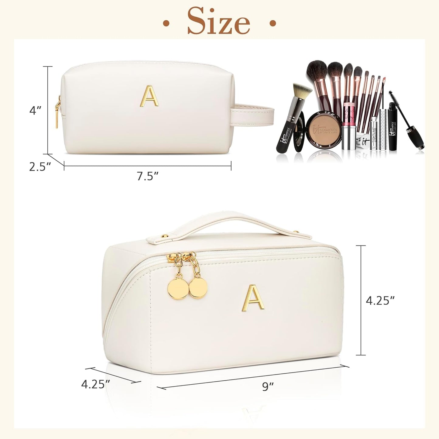 Personalized Initial Makeup Bag - Stylish PU Leather Travel Toiletry Bag | Multi-Pocket Design in Beige