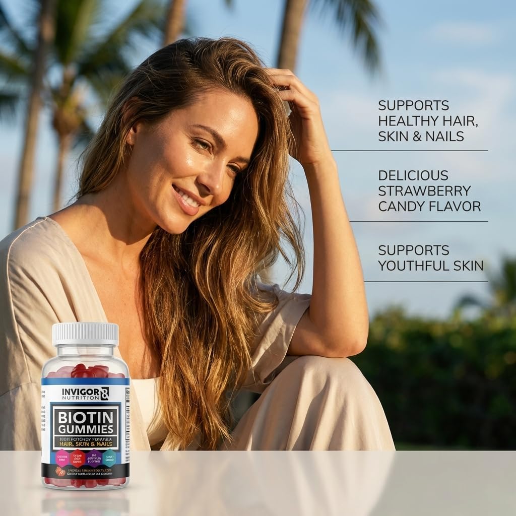 Biotin Gummies for Hair, Skin & Nails - Vegan 10000mcg Strawberry Flavor | 60 Count