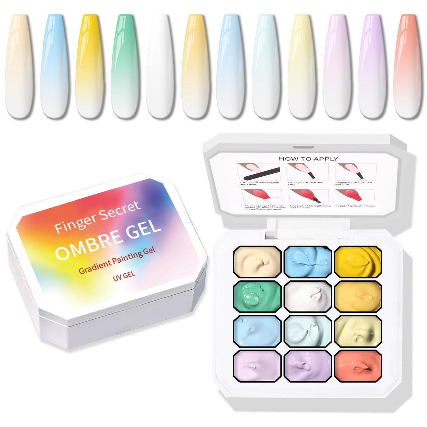 Sponge Pat Gel Nail Polish Palette - 12 Colors Ombre Gradient Art | No Wipe, UV/LED Cured
