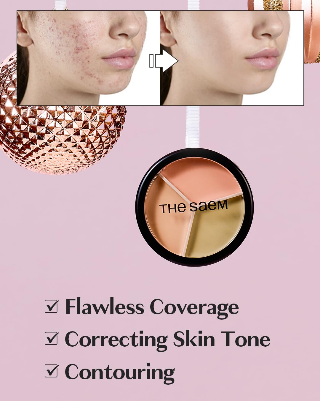 THESAEM Cover Perfection Triple Pot Concealer - Multi-Color Concealer Palette for Dark Circles & Redness | 3 Shades with Almond Oil