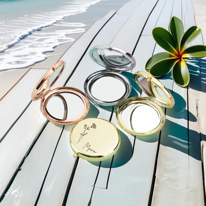Personalized Travel Mirror - Birth Flower & Name | 2x/1x Magnifying Compact Makeup Gift for Bridesmaid, Mother, Nurse