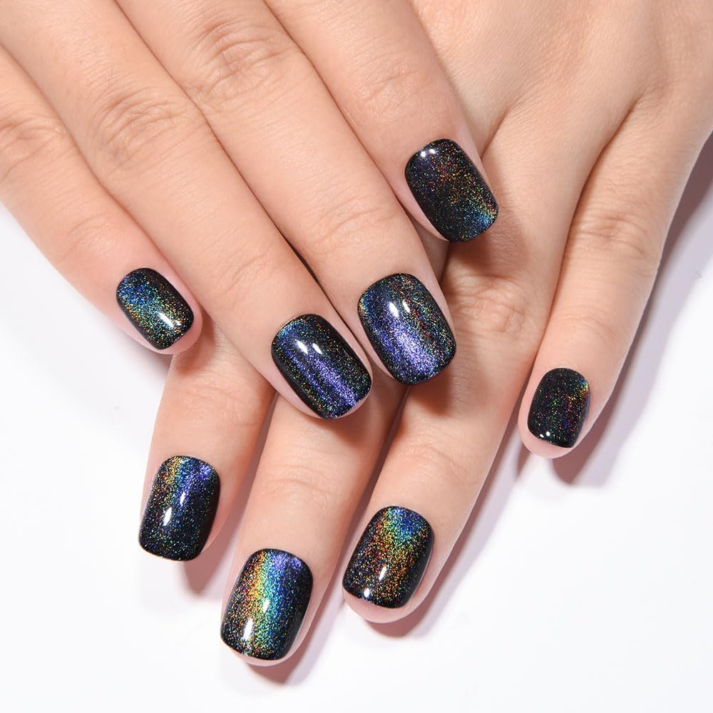Aqua Blue Cat Eye Press-On Nails - Medium Square Chrome Design | Holographic Glitter Gel Acrylic Reusable