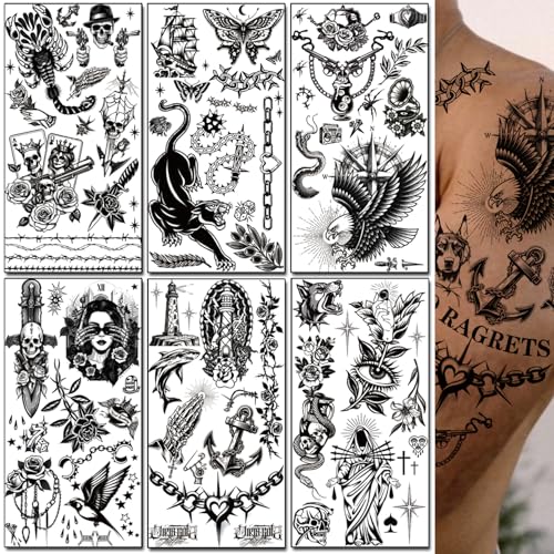 Black Old School Temporary Tattoos for Adults - 300+PCS Retro American Style Fake Arm Tattoos, Waterproof & Easy to Apply