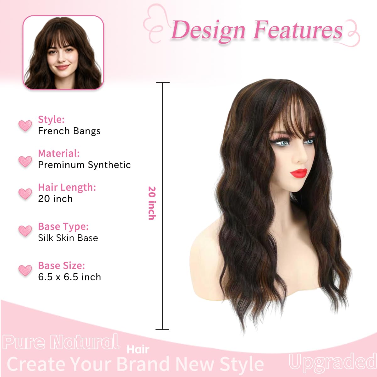 Allssur 20 Inch Hair Topper,Hair Toppers For Women With Thinning Hair, Synthetic Toppers Hair Pieces For Women With Bangs Cheaper Than Human Hair Lightweight & Breathable And Volume & Coverage
