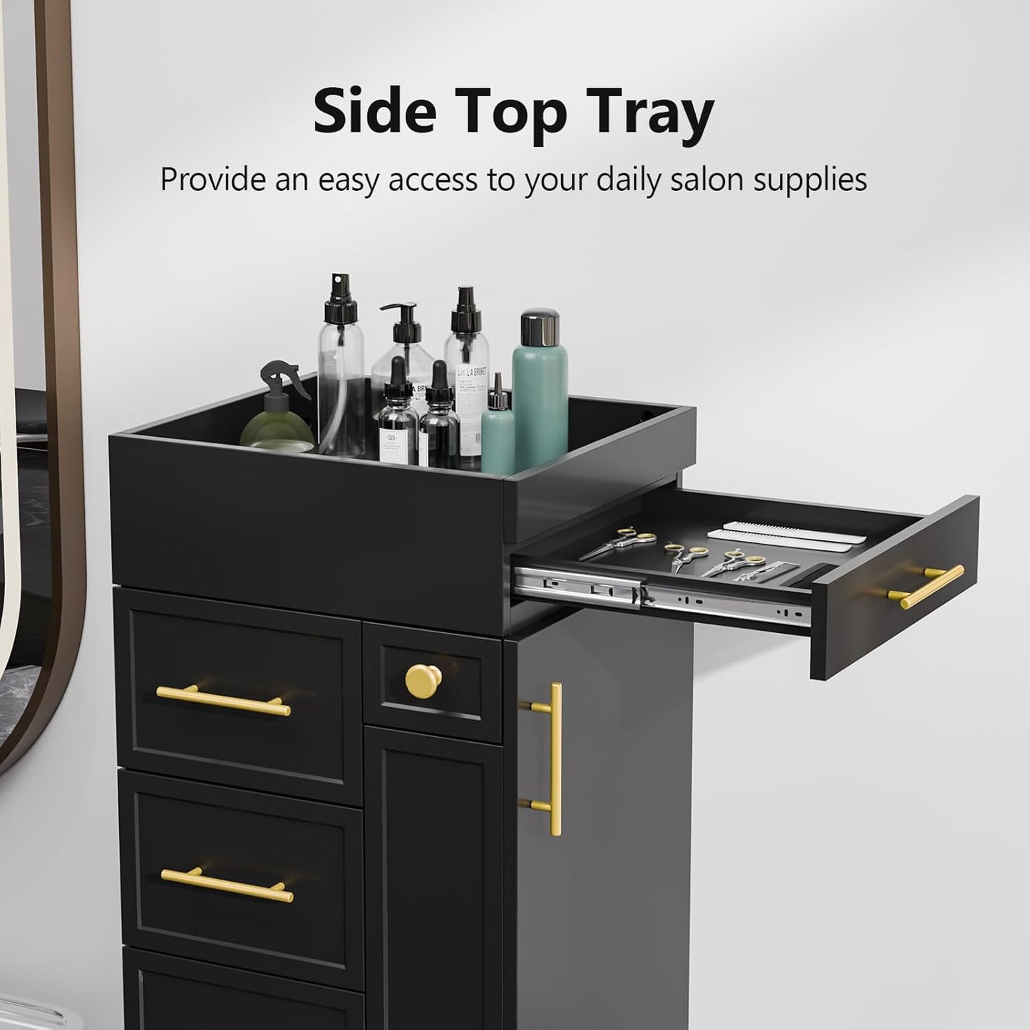 OmySalon Salon Trolley Cart - Mobile Hair Styling Station with 5 Drawers & Adjustable Shelf | Black