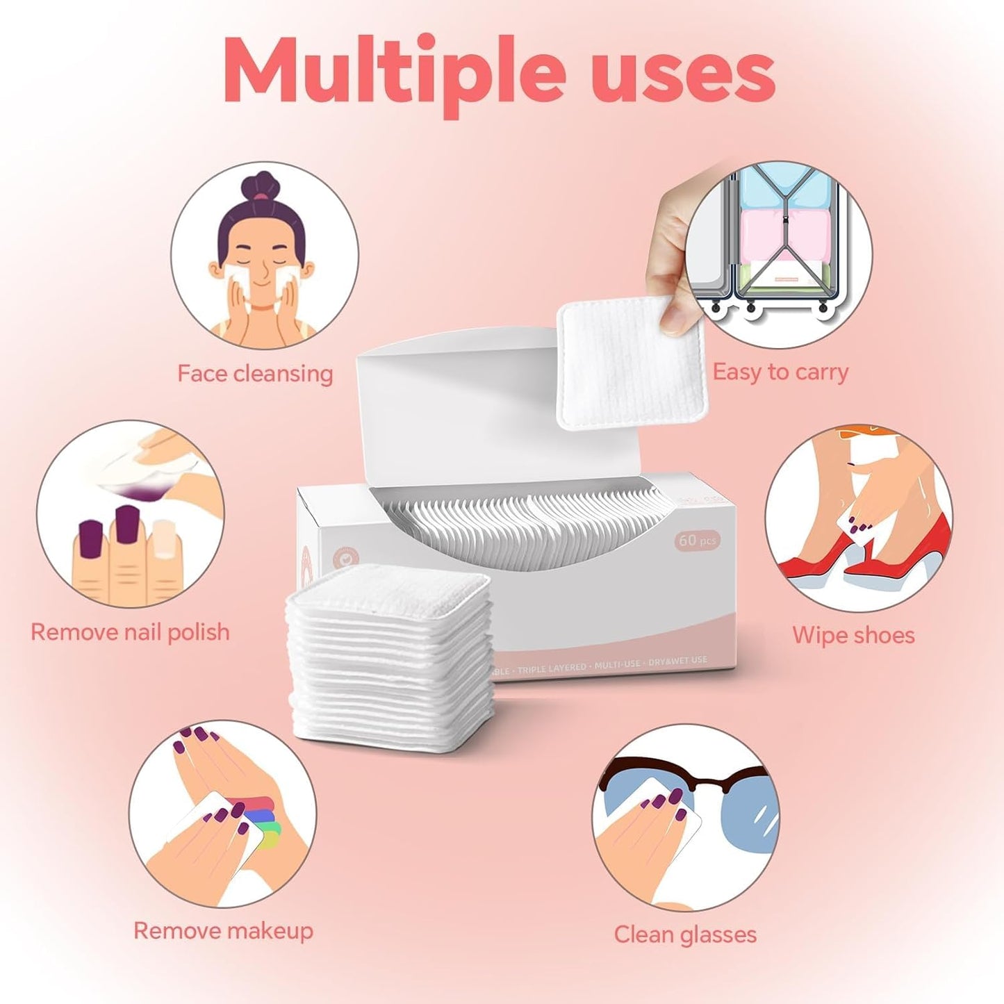 Square Cotton Pads - 100% Cotton, Triple-Layer Design for Daily Skin Care | 60 Count