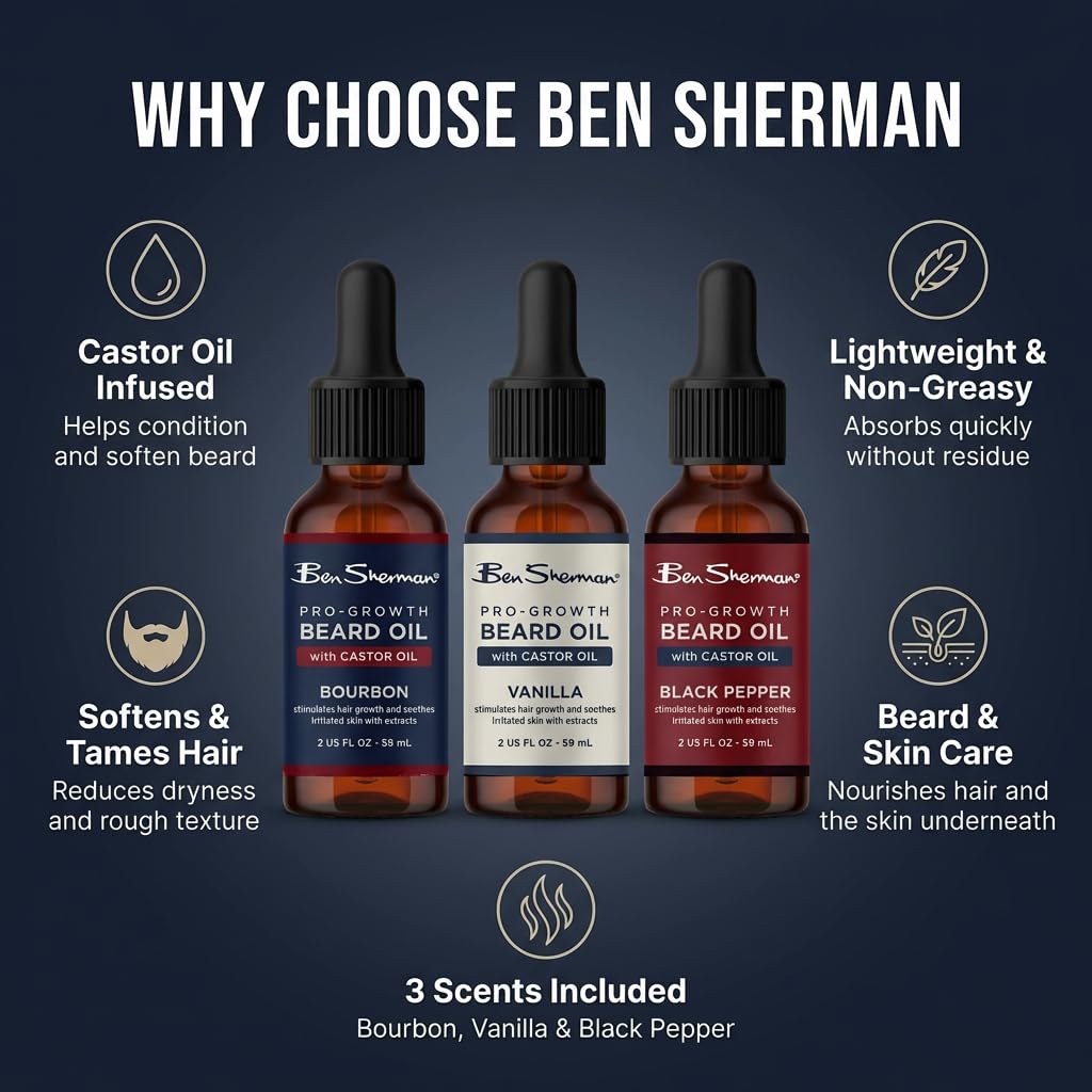 Ben Sherman Beard Oil for Men 3 Pack – Castor Oil Beard Care Set for Growth – Bourbon, Vanilla & Black Pepper – Mens Beard & Mustache Conditioning Treatment