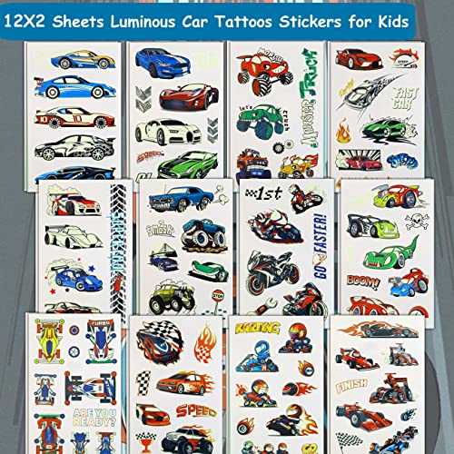 Glow in The Dark Race Car Tattoos for Kids – Waterproof & Removable, 24 Sheets