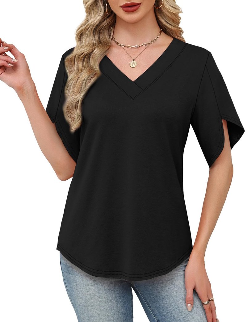 WIHOLL Womens Tops Short Sleeve Shirts Summer Outfits 2026 Blouses for Women Dressey Casual Beach Vacation Clothes Fashion Clothing Business Black XL