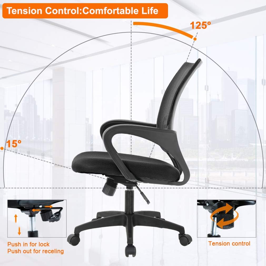 Ergonomic Office Chair - Mid-Back Swivel Desk Chair with Breathable Backrest & Lumbar Support | Adjustable Height | Black