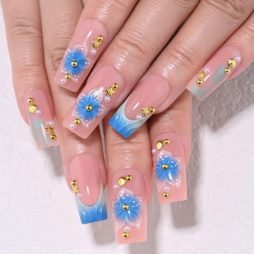 3D Gold Line French Tip Press-On Nails - Short Almond Glitter Light Nude | Handmade Acrylic Nails with 3D Pearl Designs