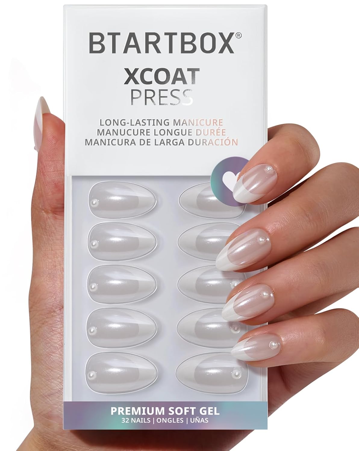 French Tip Press On Nails - Lamp-Curable 4-Week Wear White Short Almond | 32 Nails All-in-One Kit, Easy Application in 16 Sizes