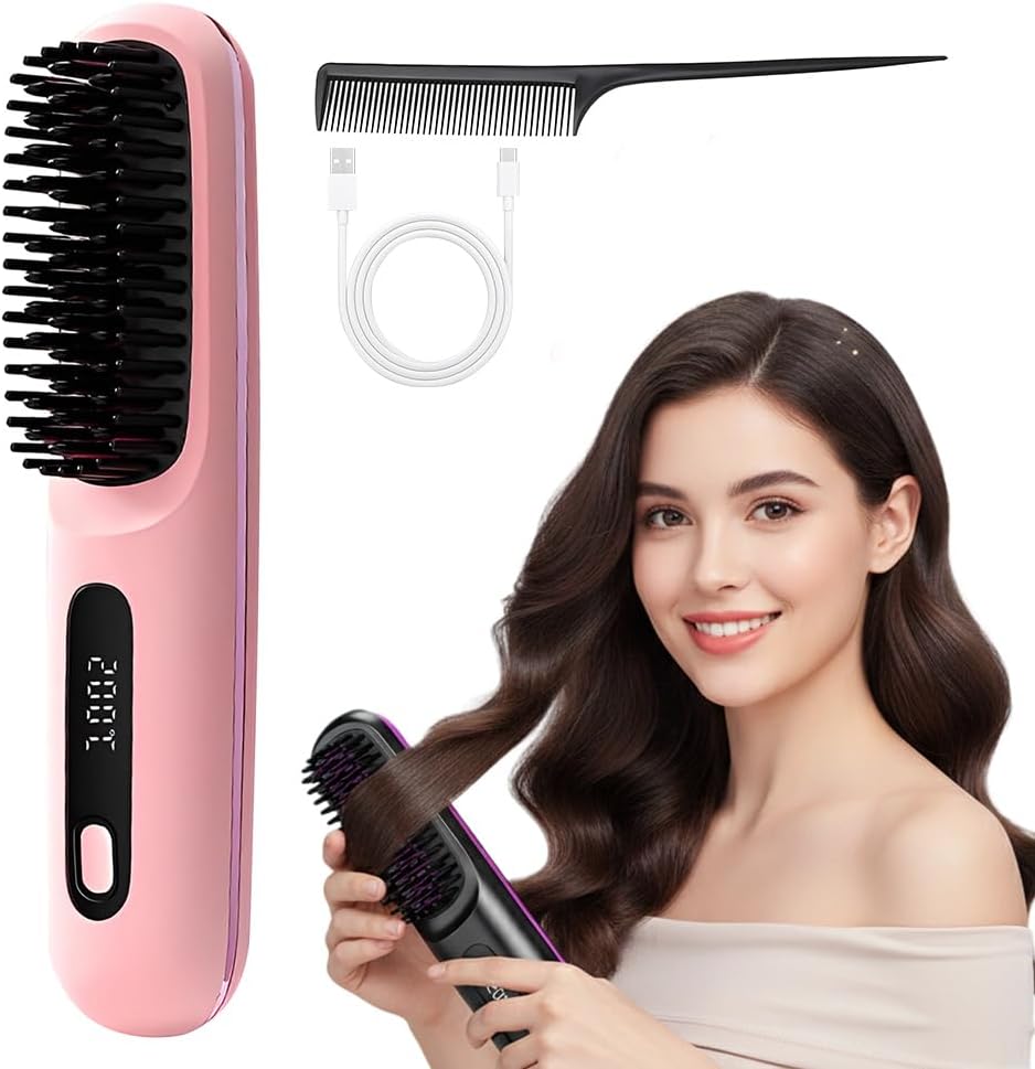 Cordless Straightening Brush for Short Hair - 2026 Upgraded Ionic & Ceramic Care, 3 Heat Settings | USB-C Rechargeable (White)